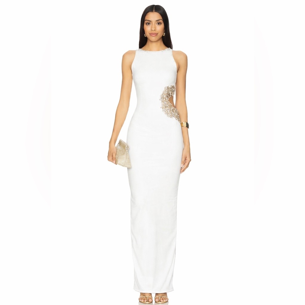 NWOT BRONX AND BANCO Camila White Rhinestone Cutout Maxi Dres,  Evening Gown